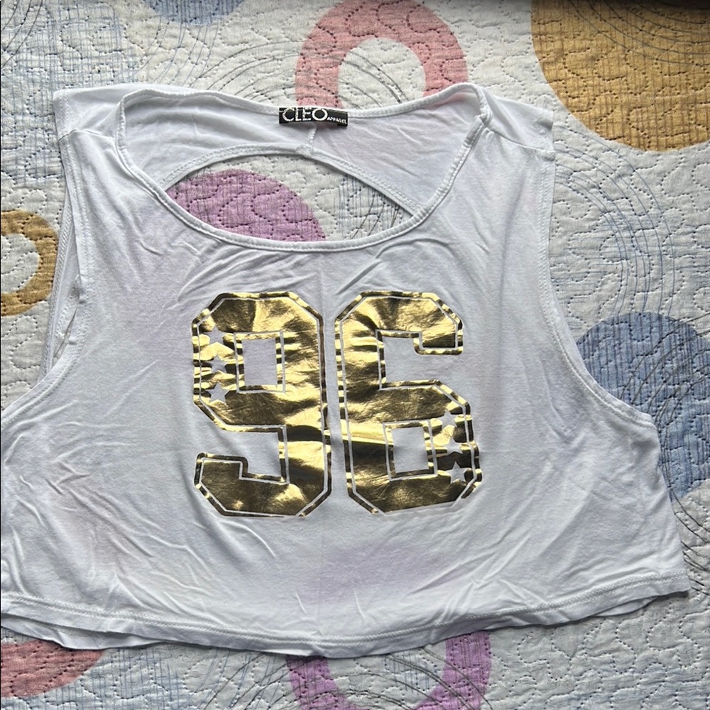 Cleo White Muscle Tee with Gold Print